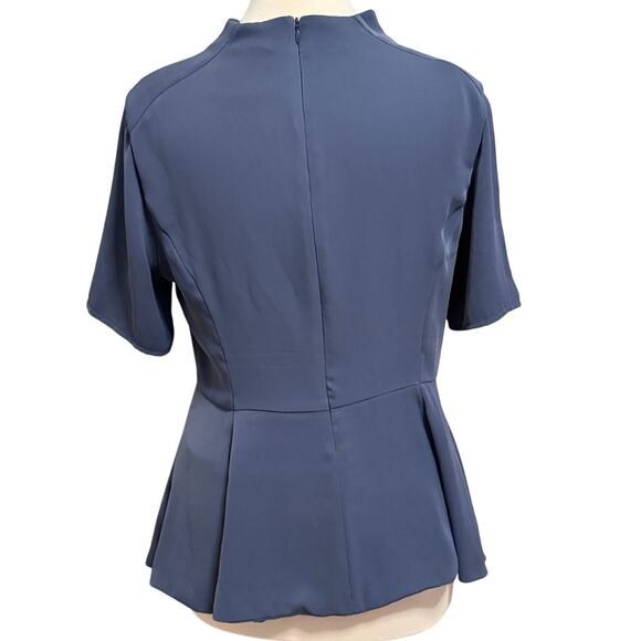 August 1 Eight Mandarin Collar Cutout Peplum Lined Blouse Sz M Blue Office Femme - Picture 2 of 8
